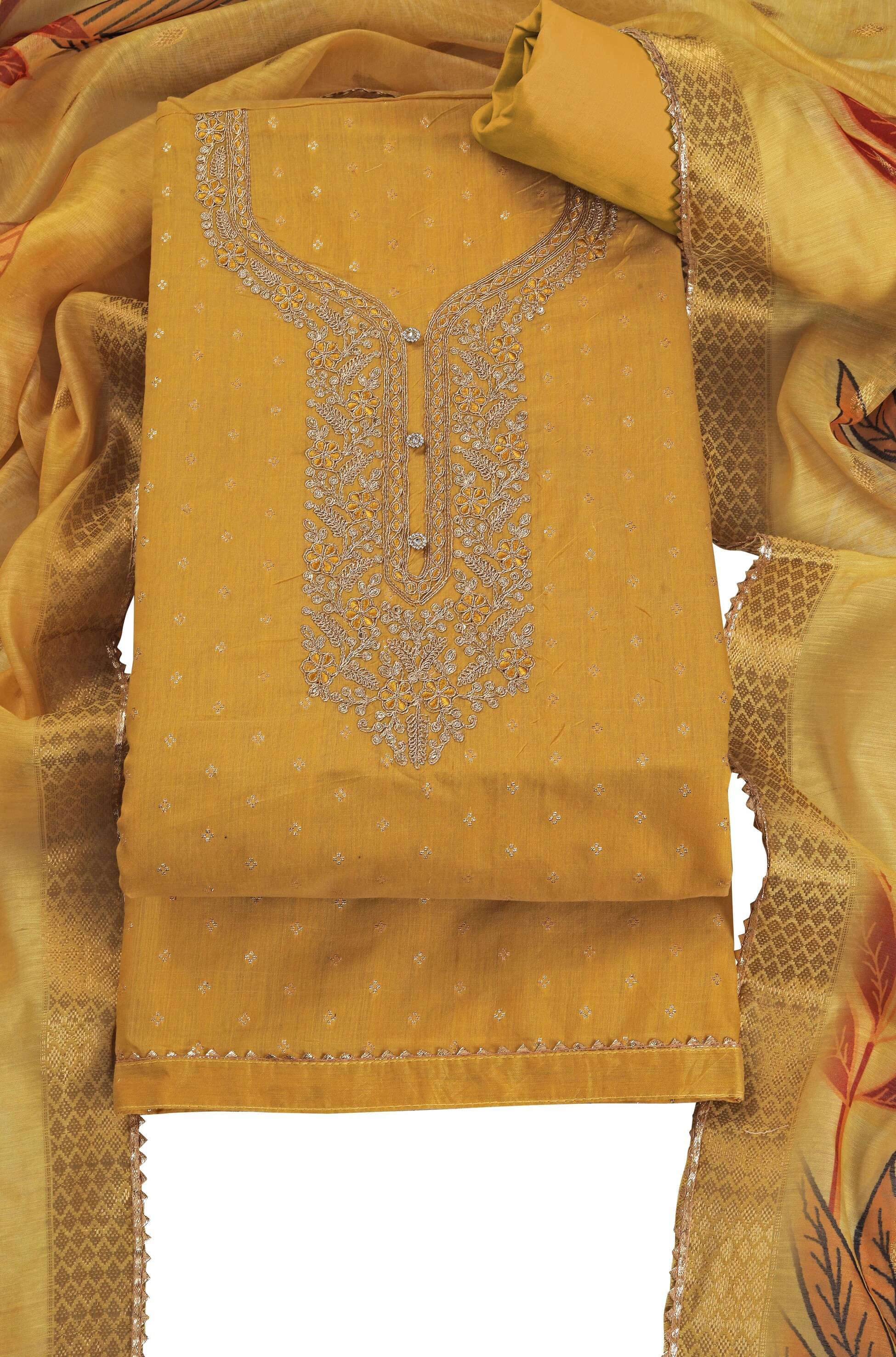     			tavas Unstitched Chanderi Embroidered Dress Material - Yellow ( Pack of 1 )