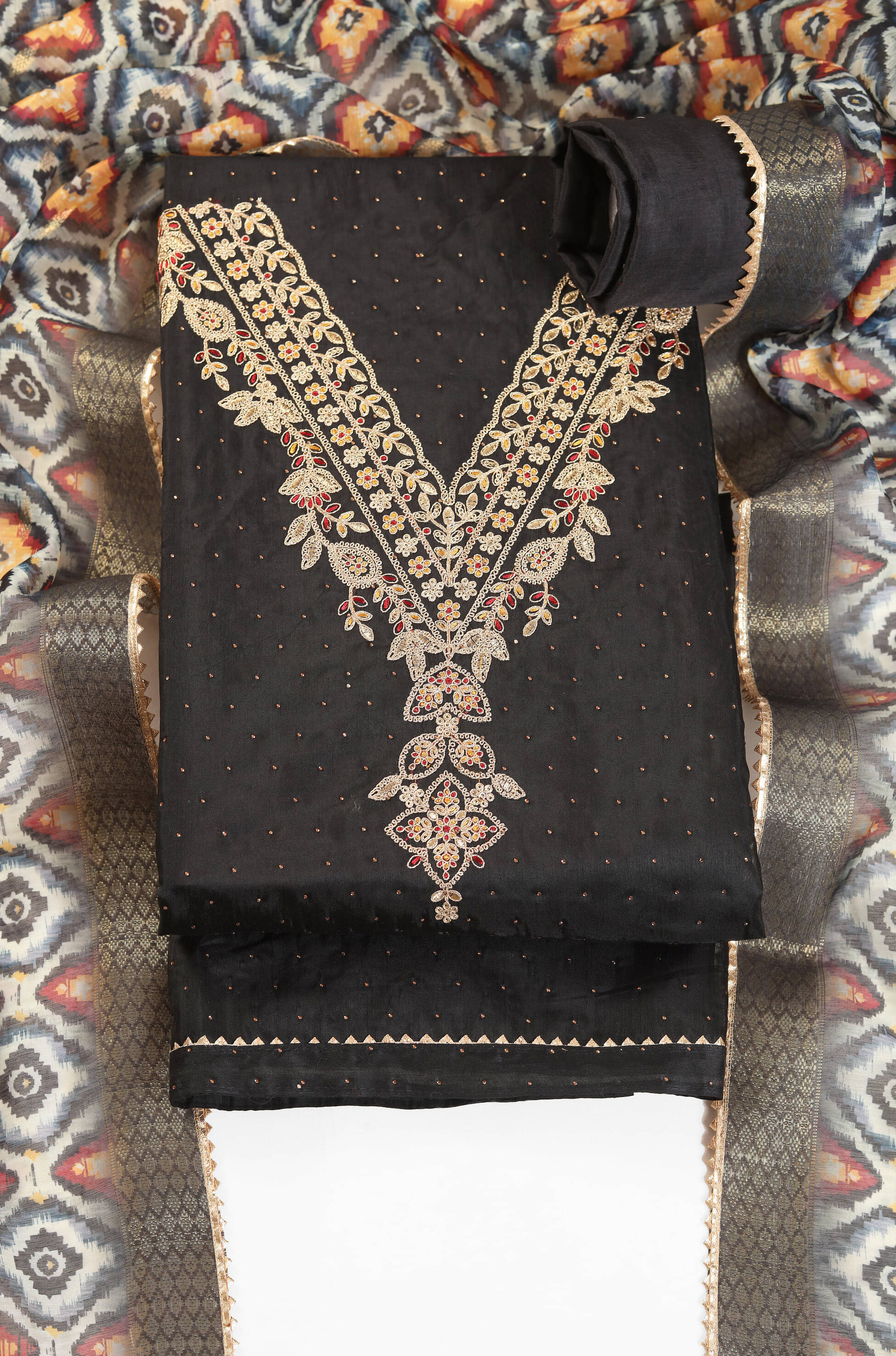    			tavas Unstitched Chanderi Embroidered Dress Material - Black ( Pack of 1 )