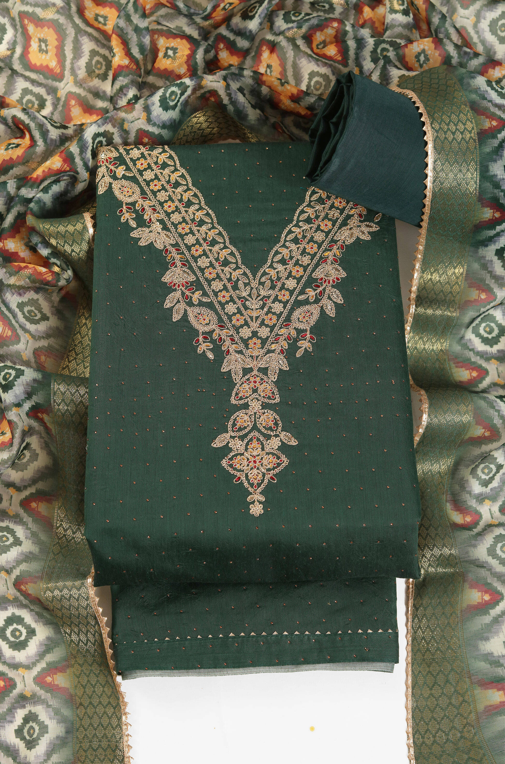     			tavas Unstitched Chanderi Embroidered Dress Material - Green ( Pack of 1 )
