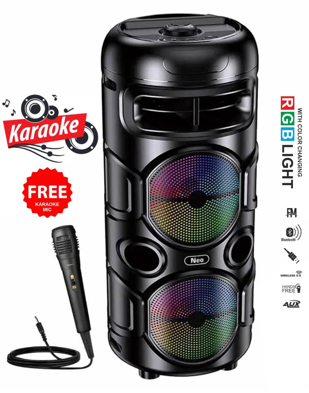 Neo KARAOKE MIC TOWER 60 W Bluetooth Speaker Bluetooth V 5.3 with USB Playback Time 6 hrs Assorted     			Neo KARAOKE MIC TOWER 60 W Bluetooth Speaker Bluetooth V 5.3 with USB Playback Time 6 hrs Assorted