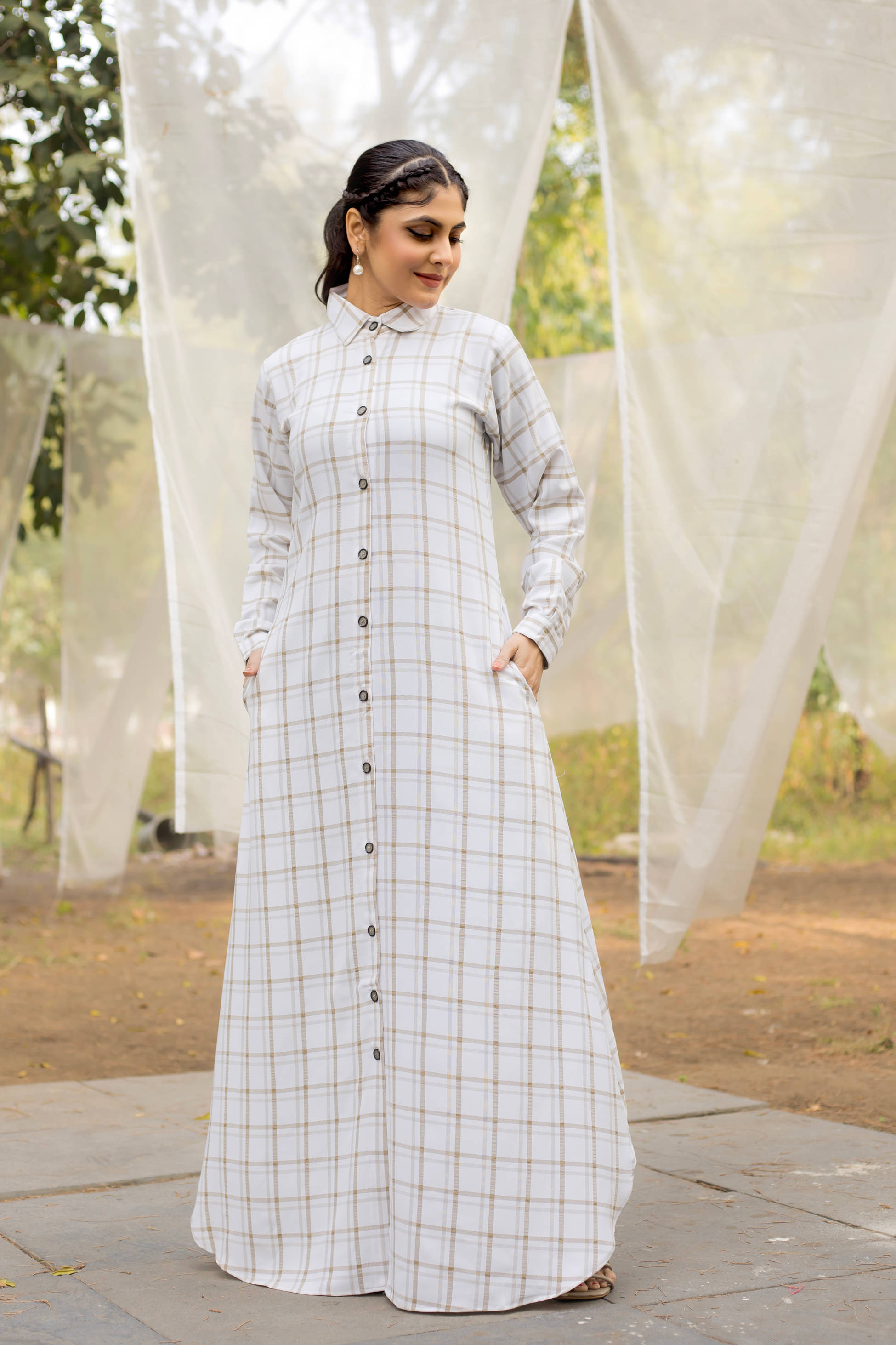 SARINKU White Flared Cotton Women's Stitched Ethnic Gown ( Pack of 1 ) SARINKU White Flared Cotton Women's Stitched Ethnic Gown ( Pack of 1 )