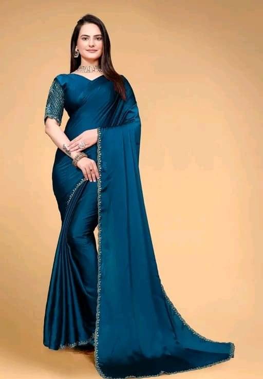     			Sureta Silk Blend Dyed Saree With Unstitched Blouse Piece ( Blue )