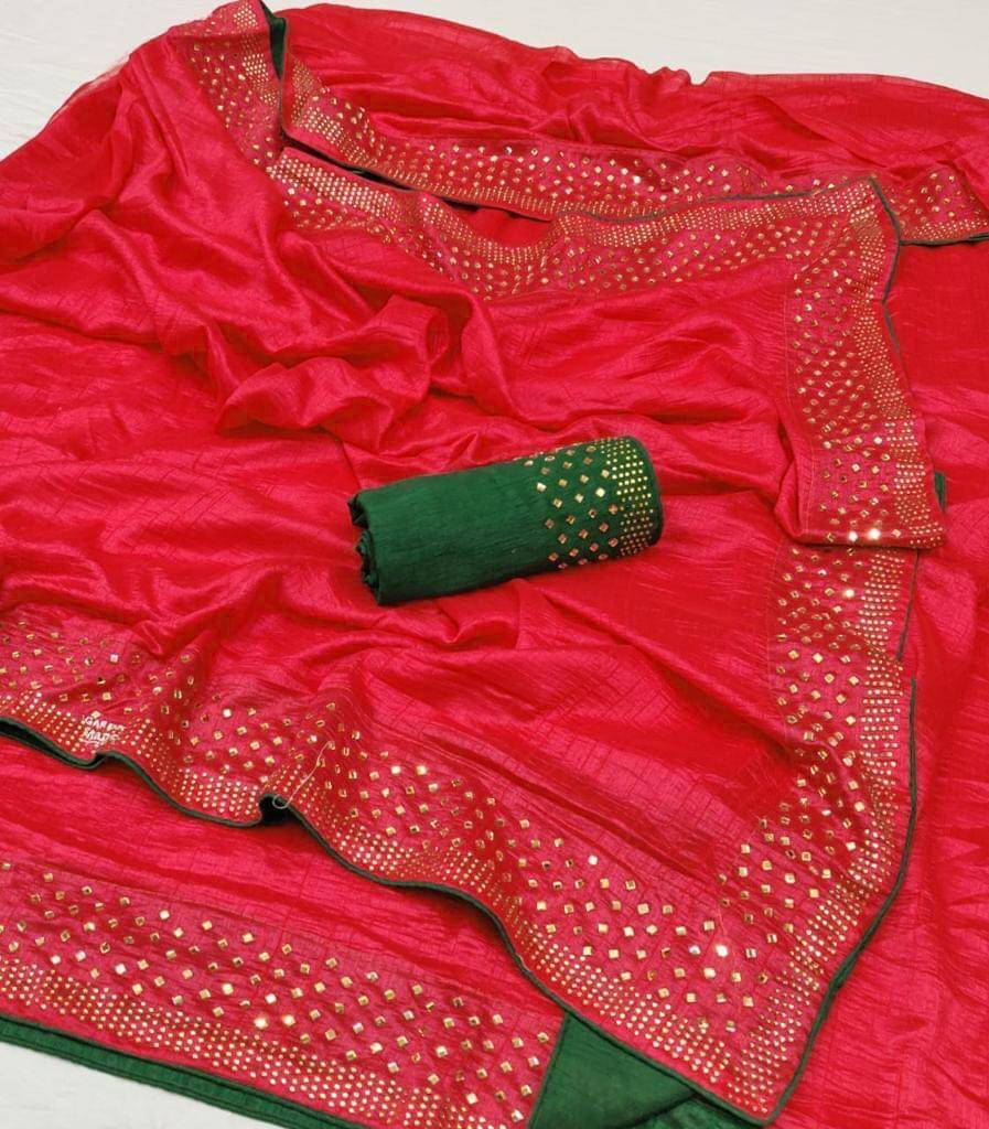     			VRINDITA FASHION Art Silk Embellished Saree With Unstitched Blouse Piece ( Red )