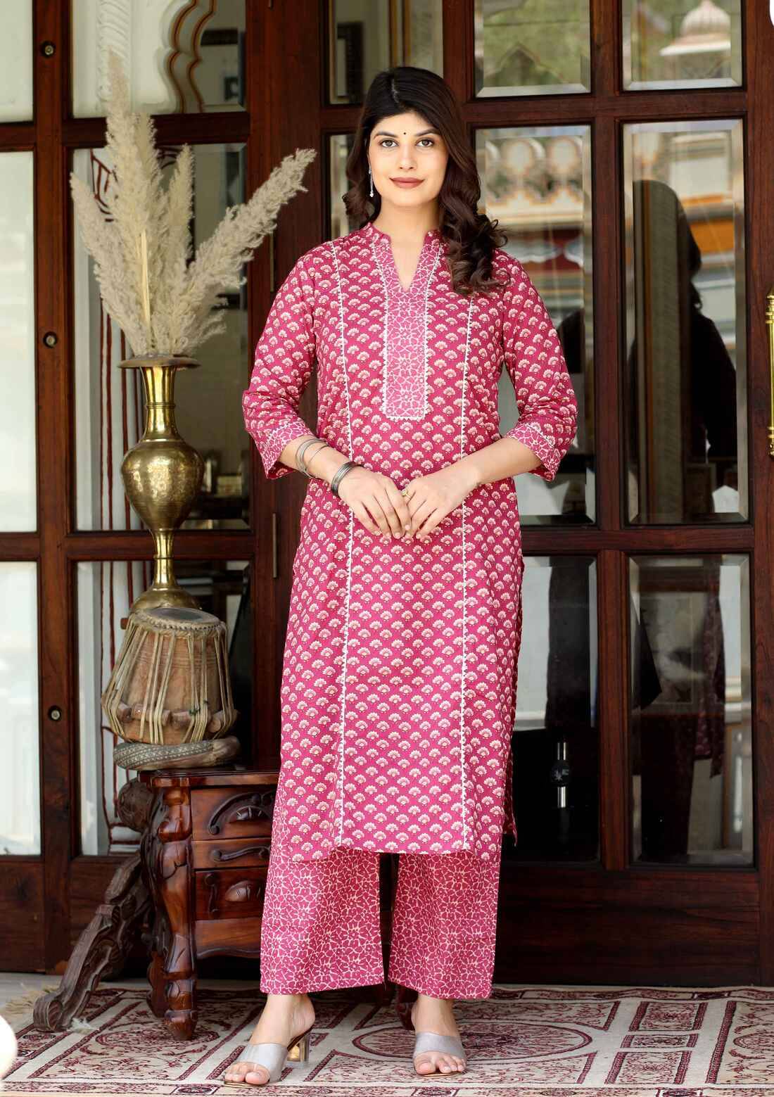     			Angiya Cotton Printed Kurti With Palazzo Women's Stitched Salwar Suit - Pink ( Pack of 1 )