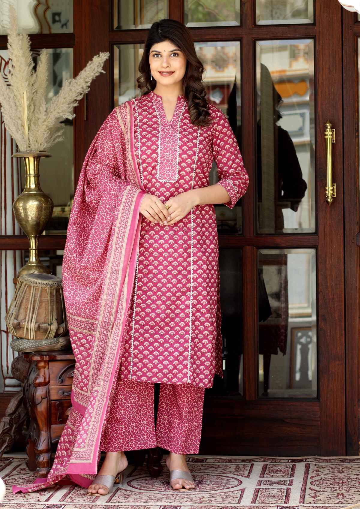     			Angiya Cotton Printed Kurti With Palazzo Women's Stitched Salwar Suit - Pink ( Pack of 1 )
