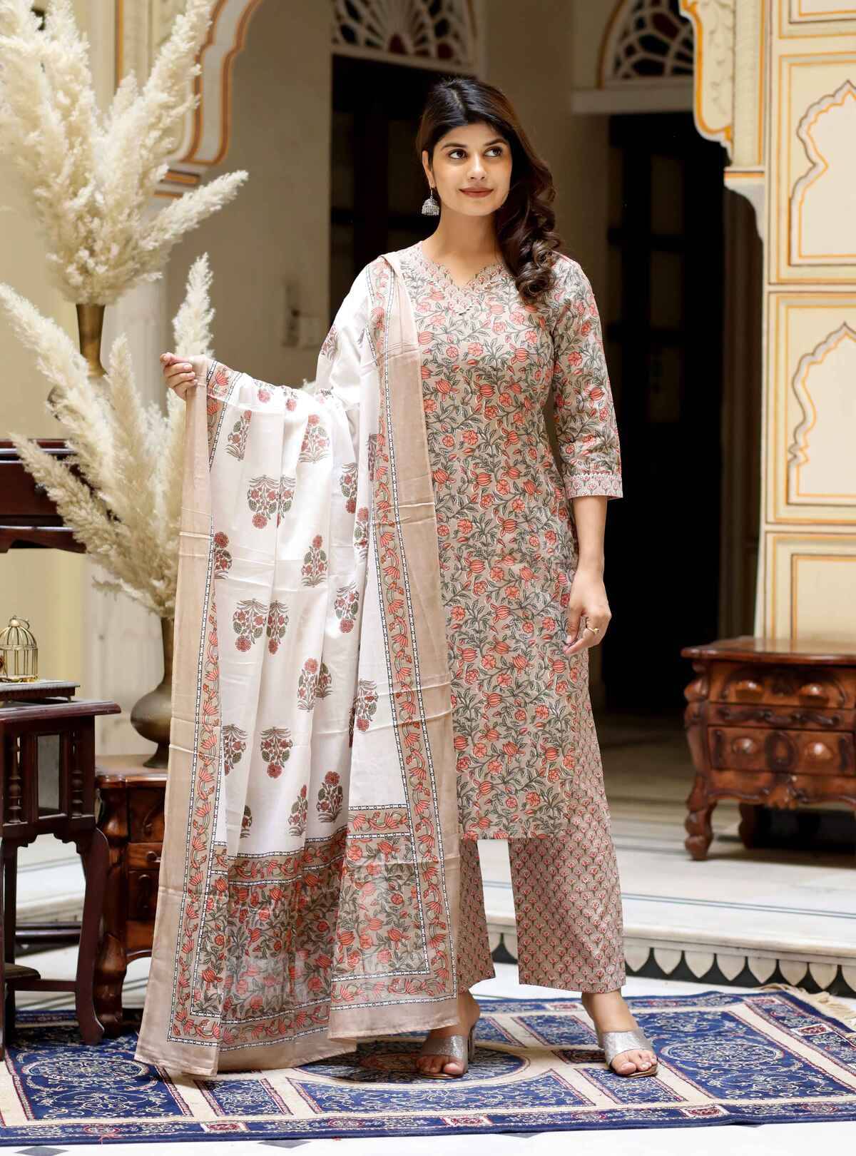 Angiya Cotton Printed Kurti With Palazzo Women's Stitched Salwar Suit - Brown ( Pack of 1 ) Angiya Cotton Printed Kurti With Palazzo Women's Stitched Salwar Suit - Brown ( Pack of 1 )