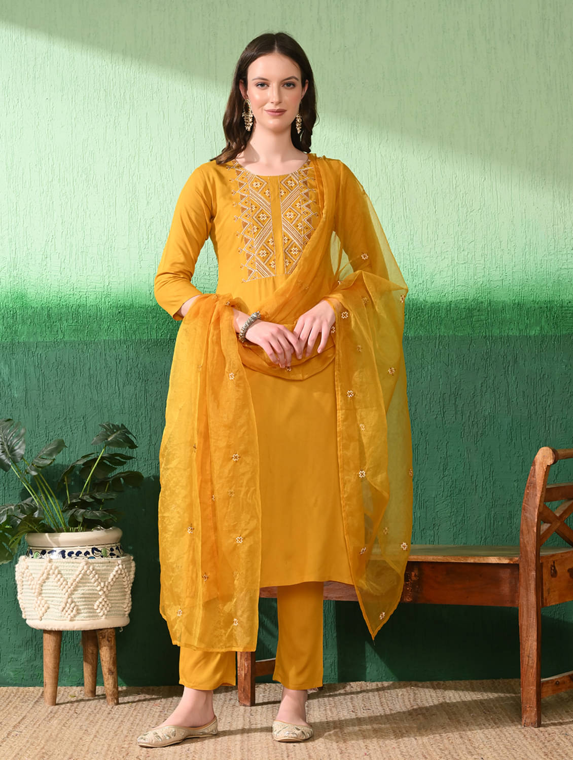     			Mesqlu Lifestyle Cotton Embroidered Kurti With Palazzo Women's Stitched Salwar Suit - Yellow ( Pack of 1 )