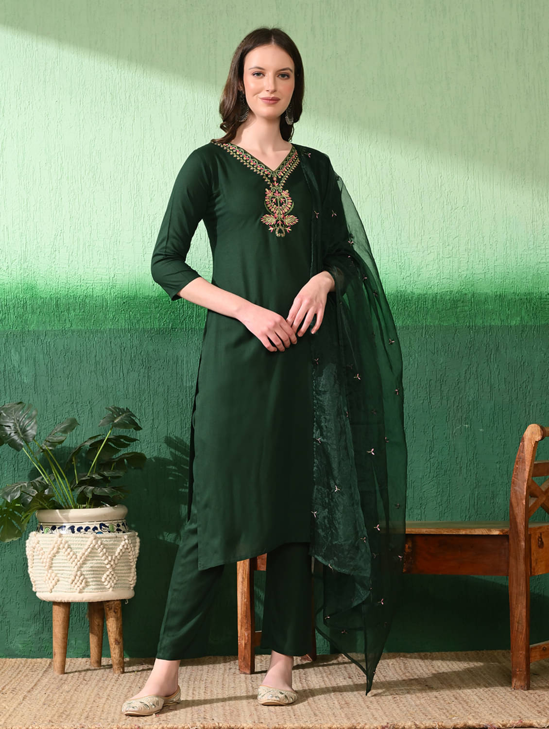 Mesqlu Lifestyle Cotton Embroidered Kurti With Palazzo Women's Stitched Salwar Suit - Green ( Pack of 1 ) Mesqlu Lifestyle Cotton Embroidered Kurti With Palazzo Women's Stitched Salwar Suit - Green ( Pack of 1 )