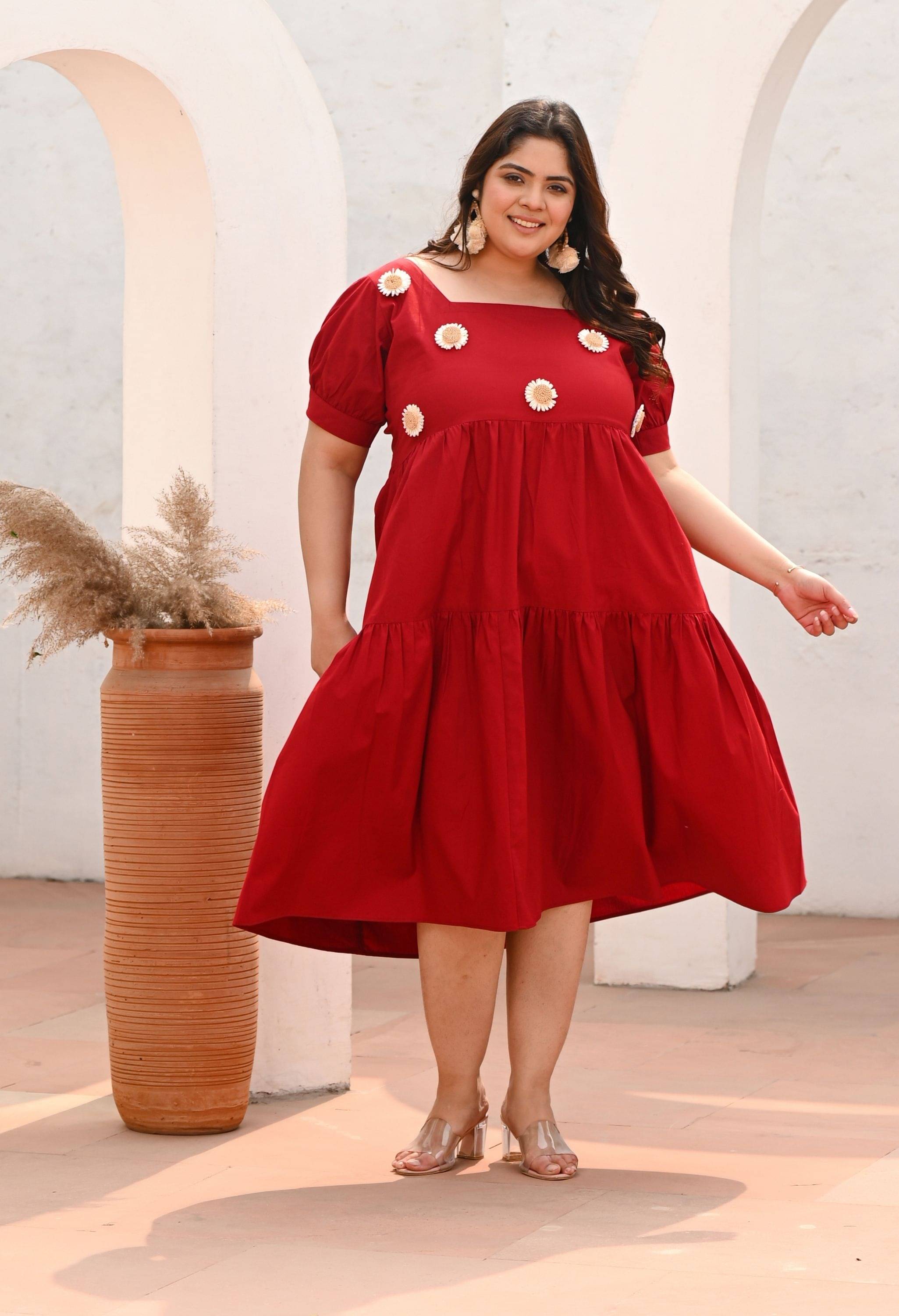 PrettyPlus by Desinoor.com Cotton Solid Midi Women's Fit & Flare Dress - Maroon ( Pack of 1 ) PrettyPlus by Desinoor.com Cotton Solid Midi Women's Fit & Flare Dress - Maroon ( Pack of 1 )