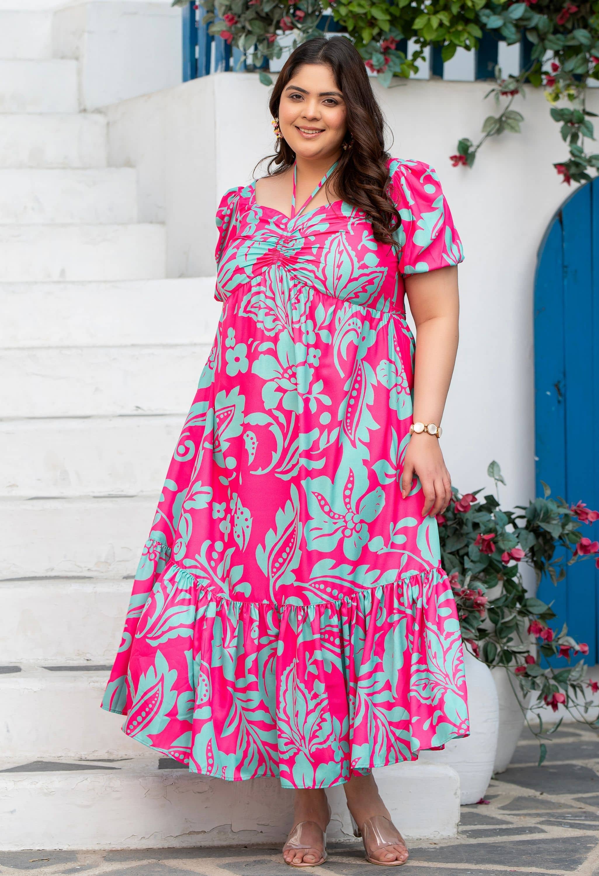 PrettyPlus by Desinoor.com Women Crepe Printed Fit & Flare Dress ( Pink )