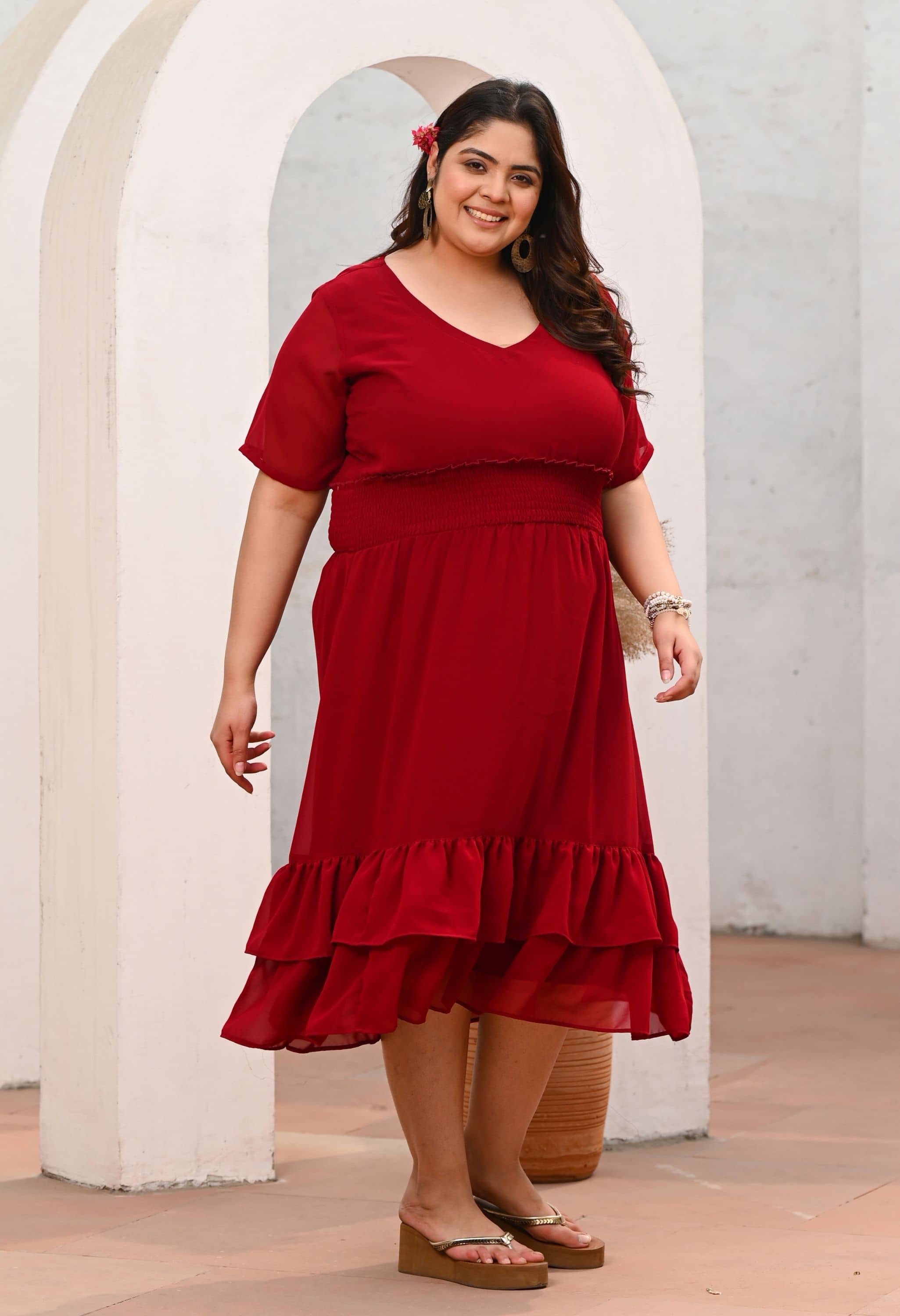 PrettyPlus by Desinoor.com Georgette Solid Midi Women's Fit & Flare Dress - Maroon ( Pack of 1 )