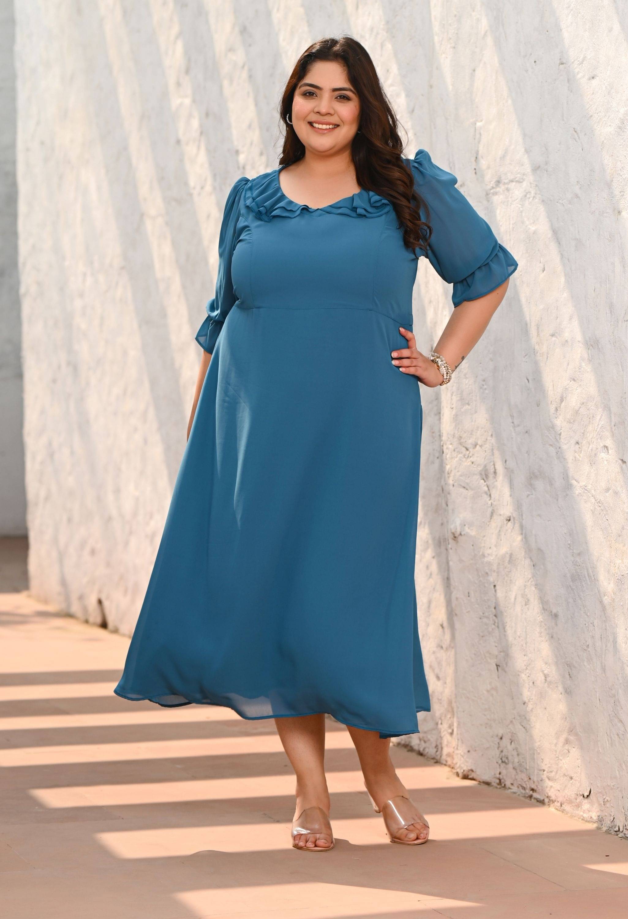 PrettyPlus by Desinoor.com Women Georgette Solid Fit & Flare Dress ( Light Blue ) PrettyPlus by Desinoor.com Women Georgette Solid Fit & Flare Dress ( Light Blue )