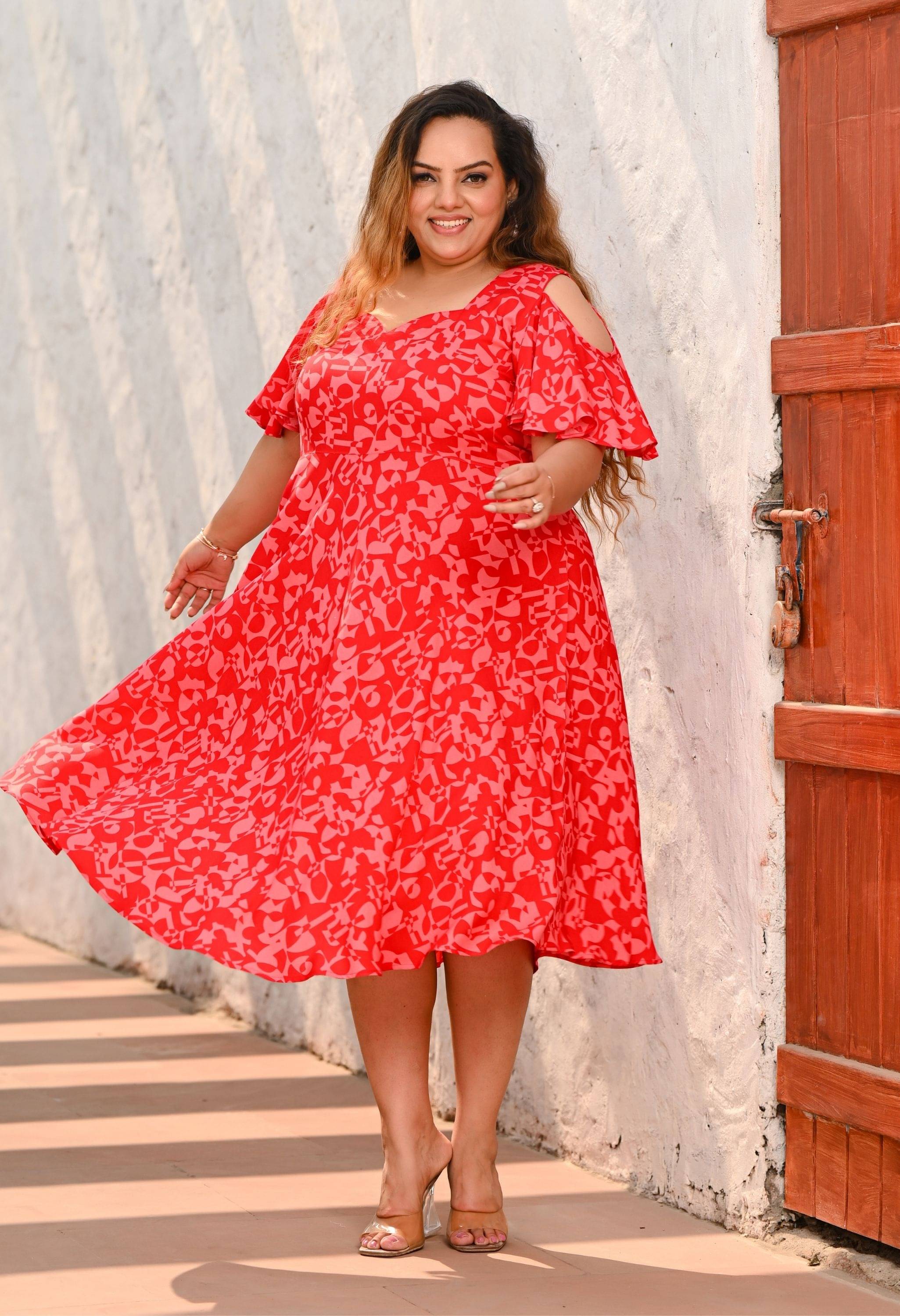     			PrettyPlus by Desinoor.com Viscose Rayon Printed Midi Women's Fit & Flare Dress - Red ( Pack of 1 )