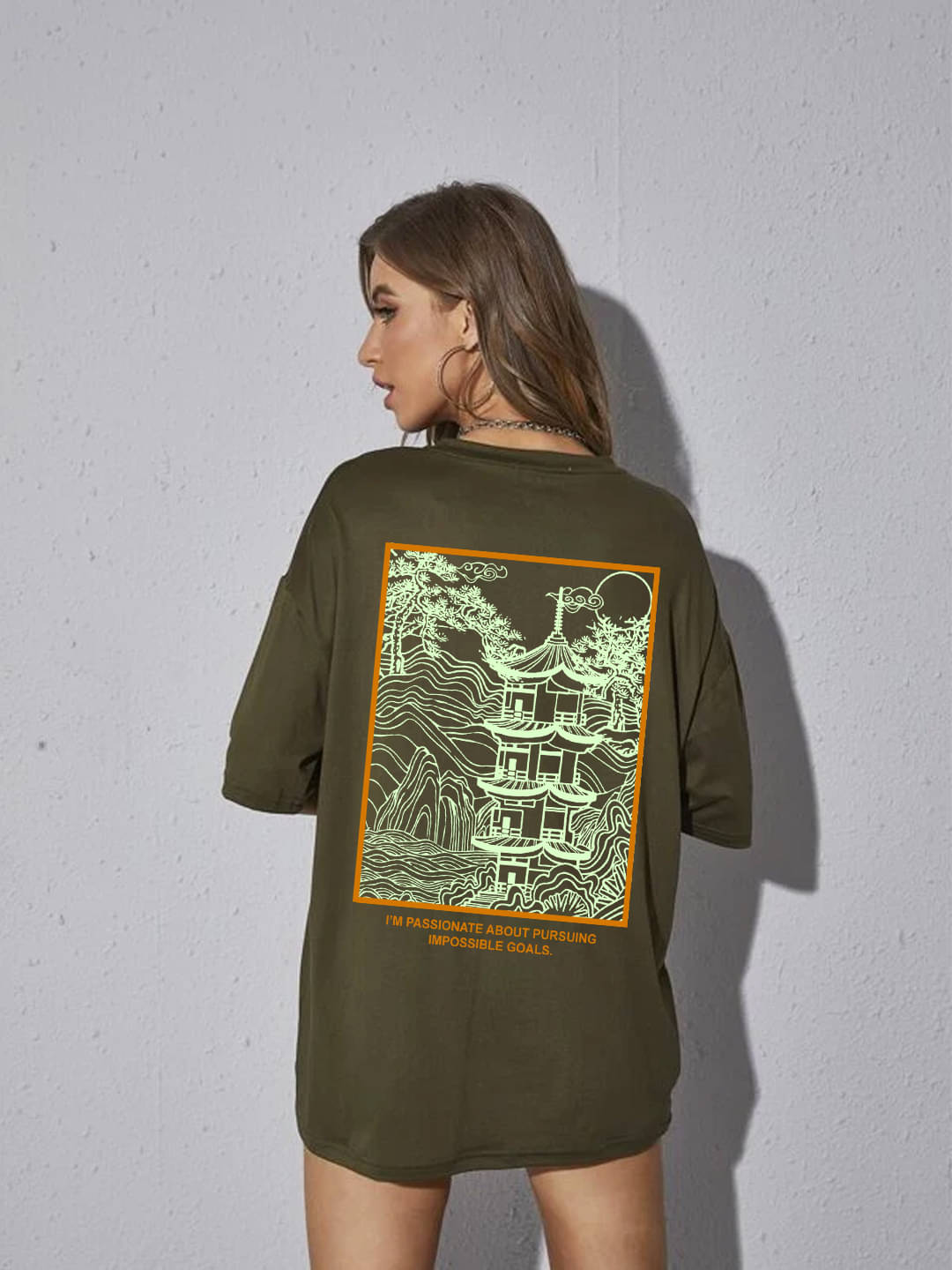 Rigo Women Cotton Printed Oversized Fit Round Neck T-Shirt ( Olive ) Rigo Women Cotton Printed Oversized Fit Round Neck T-Shirt ( Olive )