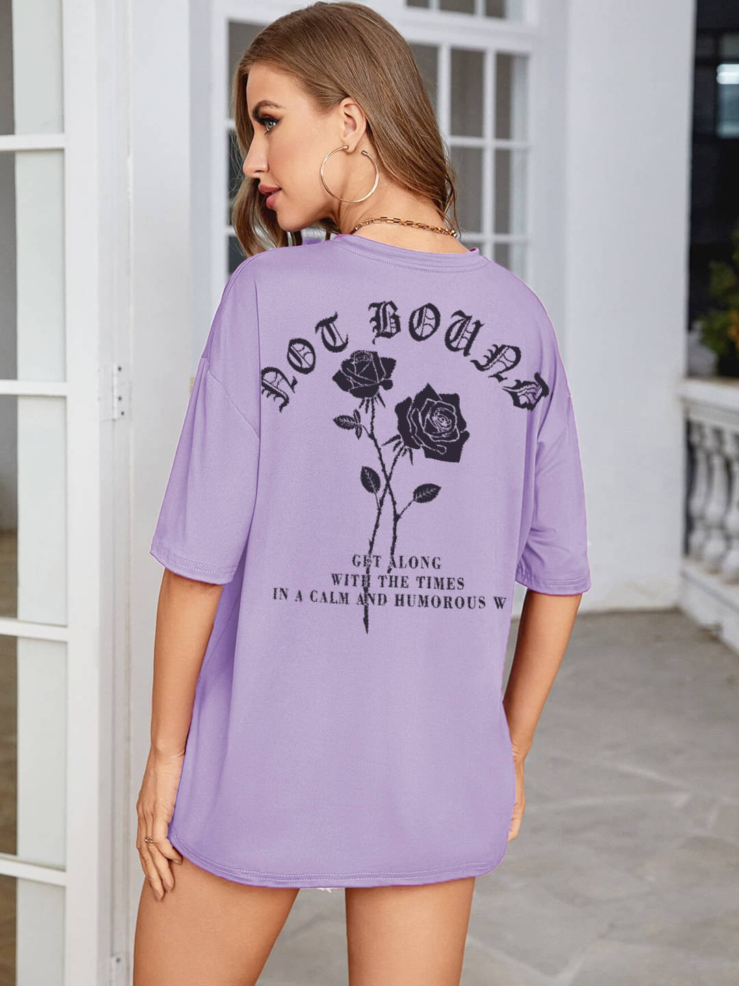     			Rigo Women Cotton Printed Oversized Fit Round Neck T-Shirt ( Purple )