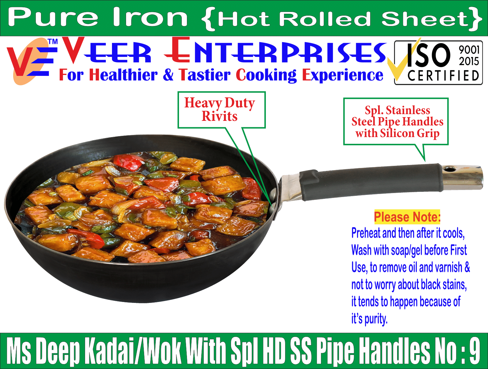     			Veer  100% Pure Non coated Iron Deep Kadhai Heavy Bottom Stainless Steel Handle 2 Thickness mm 18 cm Diameter ( 0.7 L )