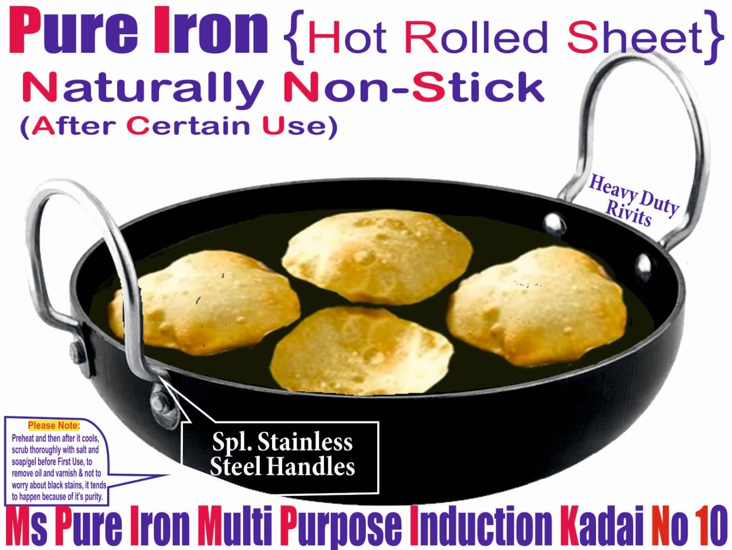     			Veer  100% Pure Non coated Iron Kadhai Heavy Bottom Stainless Steel Handle 2 Thickness mm 25 cm Diameter ( 2 L )