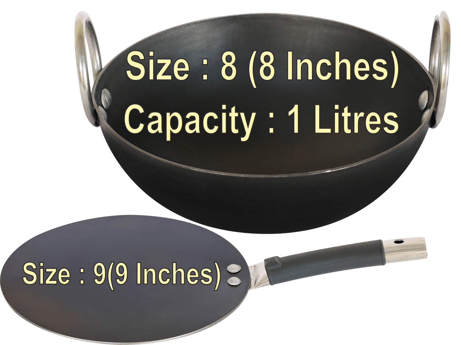     			Veer Tawa Combo Non coated Iron Kadhai & Wok Heavy Bottom Stainless Steel Handle 2 Thickness mm 20 cm Diameter ( 1 L )