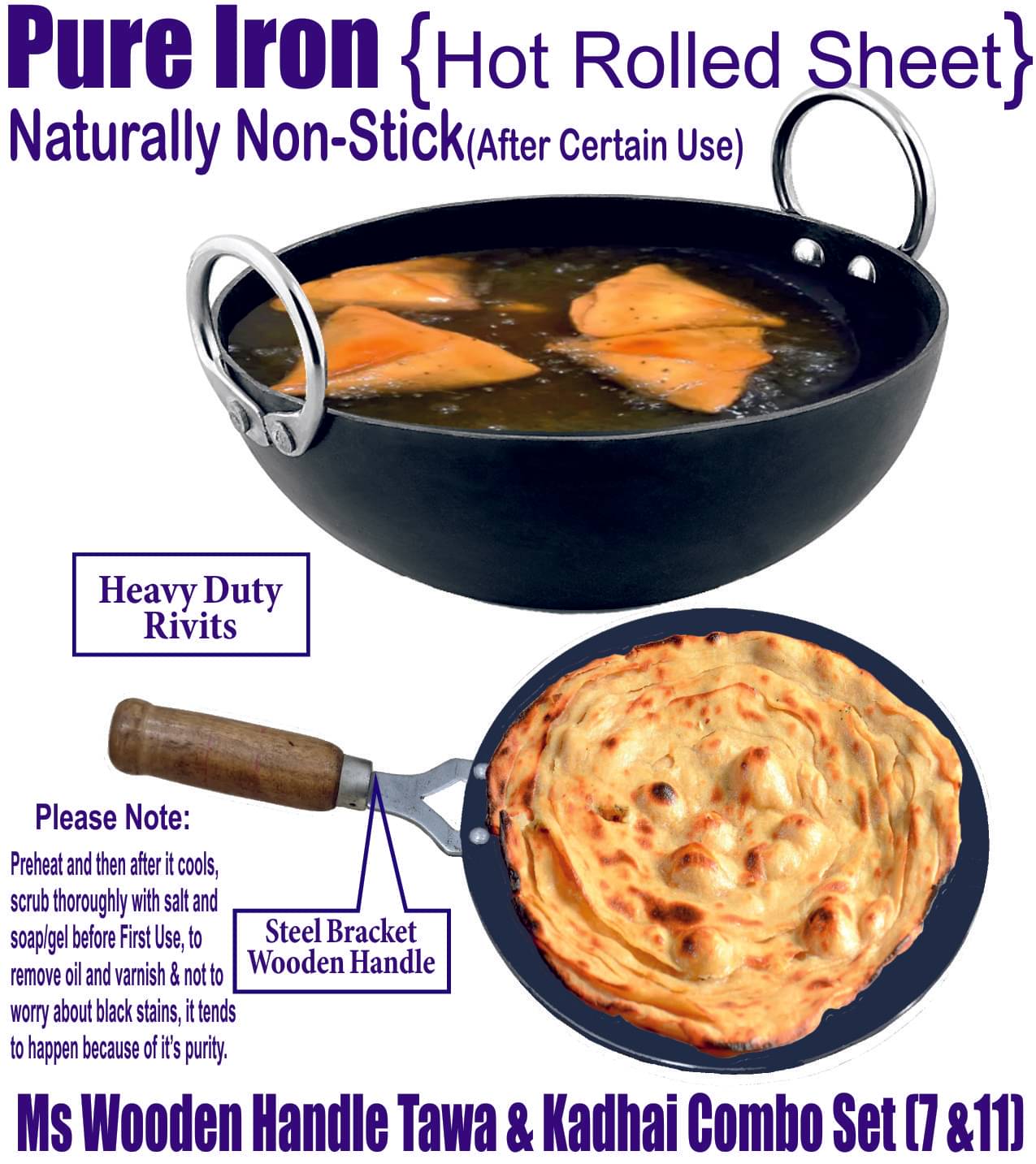 Veer Tawa Combo Non coated Iron Deep Kadhai Heavy Bottom Wooden Handle 2 Thickness mm 18 cm Diameter ( 0.7 L ) Veer Tawa Combo Non coated Iron Deep Kadhai Heavy Bottom Wooden Handle 2 Thickness mm 18 cm Diameter ( 0.7 L )