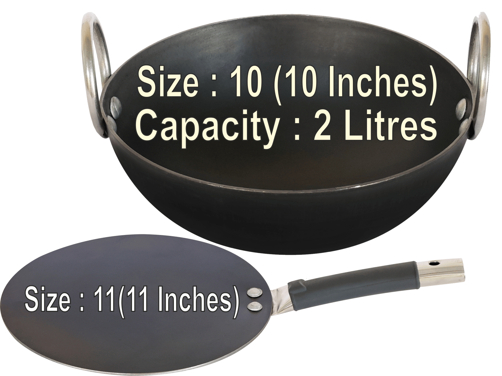 Veer Tawa Combo Non coated Iron Kadhai & Wok Heavy Bottom Stainless Steel Handle 2 Thickness mm 25 cm Diameter ( 2 L ) Veer Tawa Combo Non coated Iron Kadhai & Wok Heavy Bottom Stainless Steel Handle 2 Thickness mm 25 cm Diameter ( 2 L )