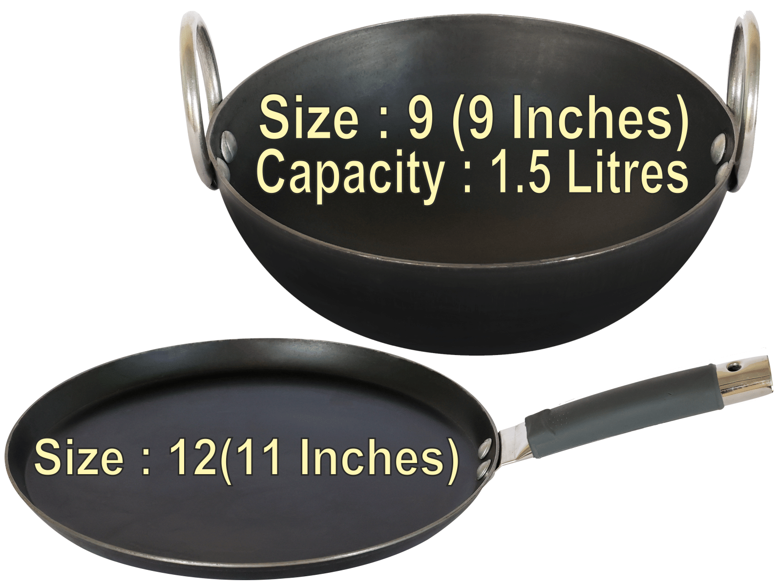     			Veer Tawa Combo Non coated Iron Kadhai & Wok Heavy Bottom Stainless Steel Handle 2 Thickness mm 22 cm Diameter ( 1.5 L )
