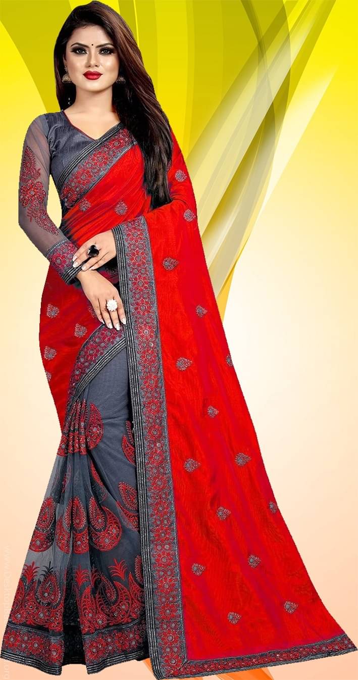Gullak Net Woven Saree With Unstitched Blouse Piece ( Red ) Gullak Net Woven Saree With Unstitched Blouse Piece ( Red )