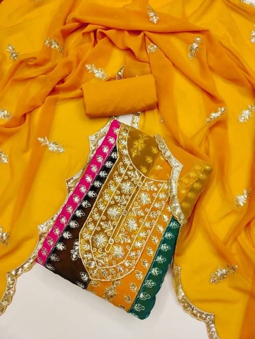     			HL SILKMILLS Unstitched Georgette Embroidered Dress Material - Yellow ( Pack of 1 )