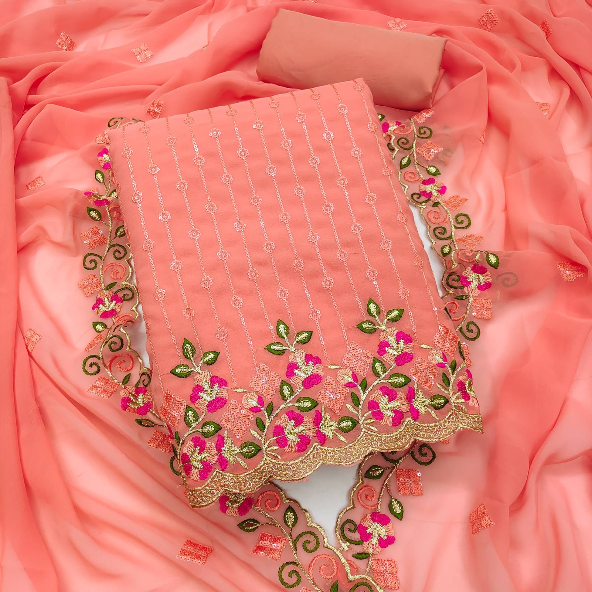     			HL SILKMILLS Unstitched Georgette Embroidered Dress Material - Peach ( Pack of 1 )