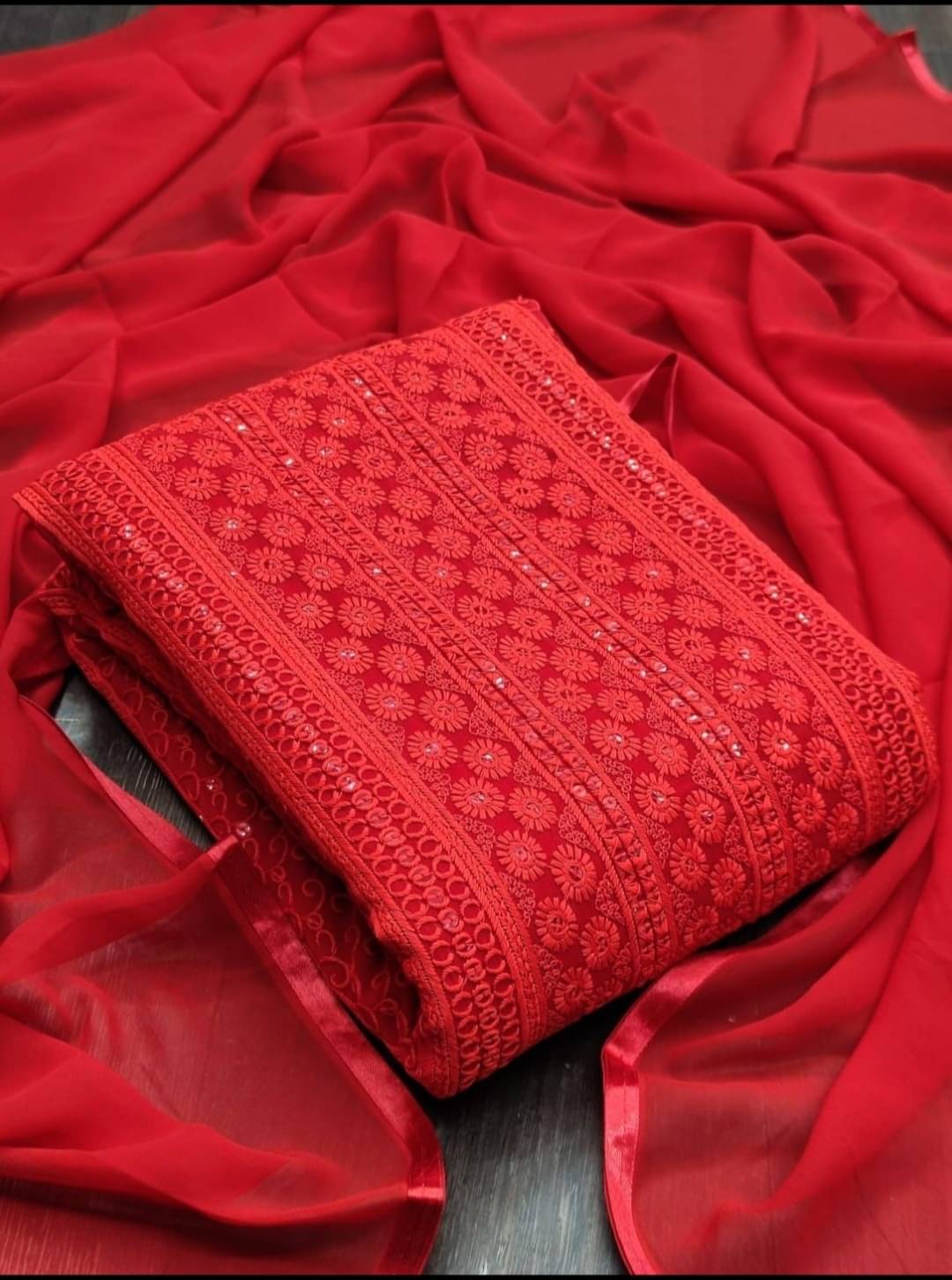 HL SILKMILLS Unstitched Georgette Embroidered Dress Material - Red ( Pack of 1 )     			HL SILKMILLS Unstitched Georgette Embroidered Dress Material - Red ( Pack of 1 )