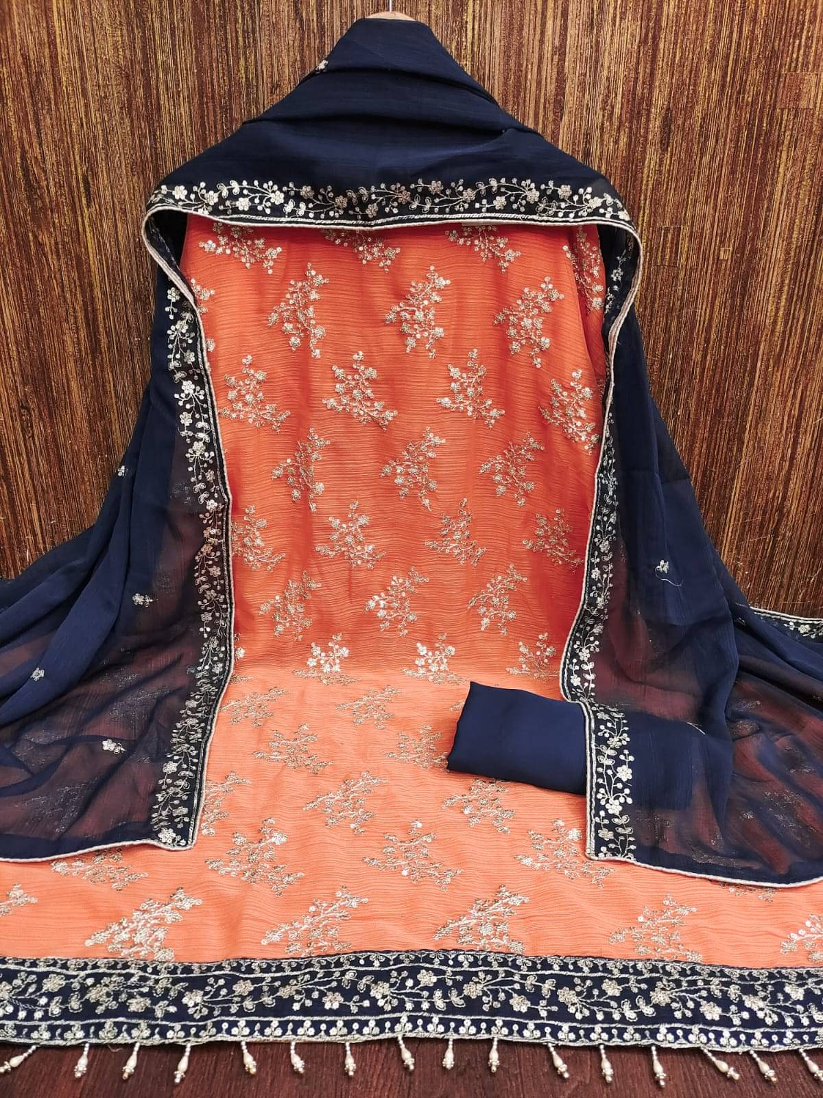     			HL SILKMILLS Unstitched Georgette Embroidered Dress Material - Orange,Blue ( Pack of 1 )
