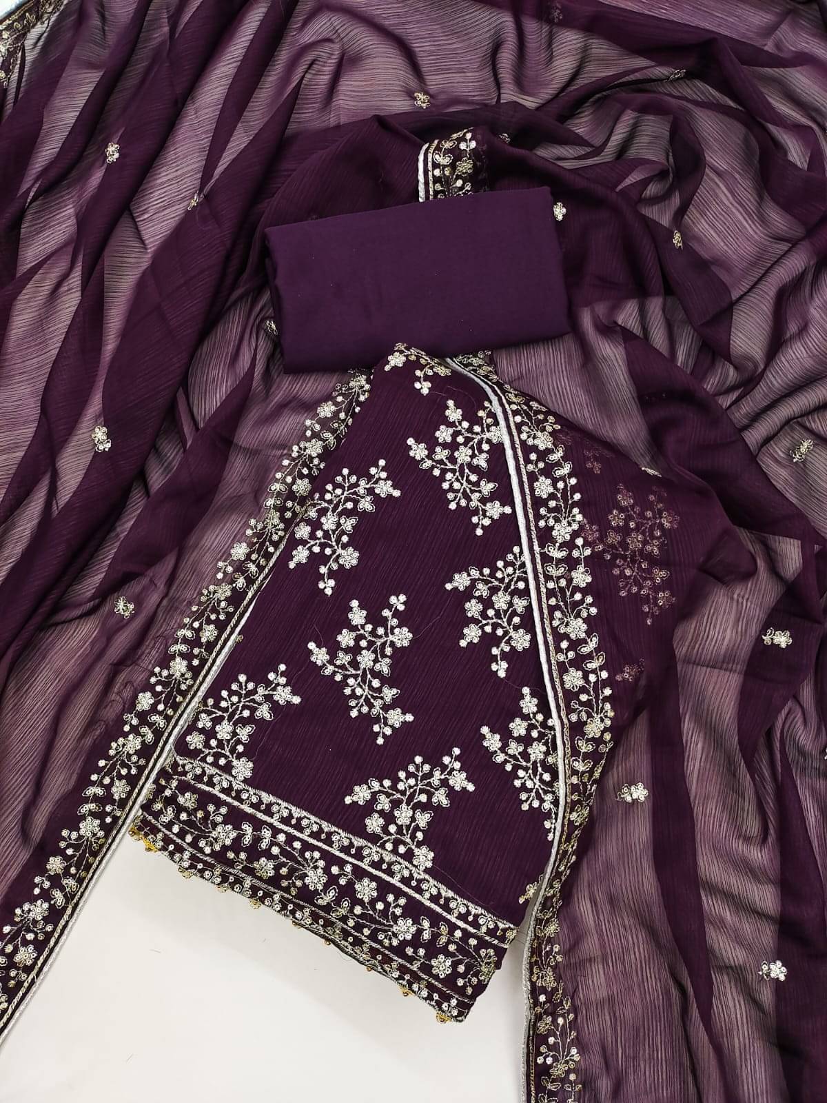     			HL SILKMILLS Unstitched Georgette Embroidered Dress Material - Wine ( Pack of 1 )
