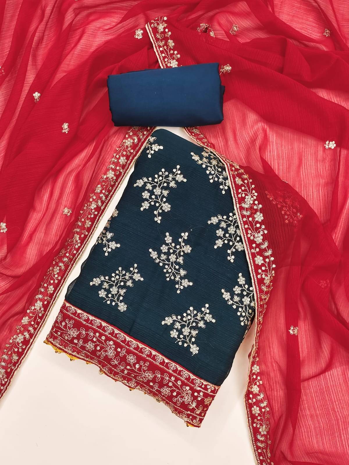     			HL SILKMILLS Unstitched Georgette Embroidered Dress Material - Blue,Red ( Pack of 1 )