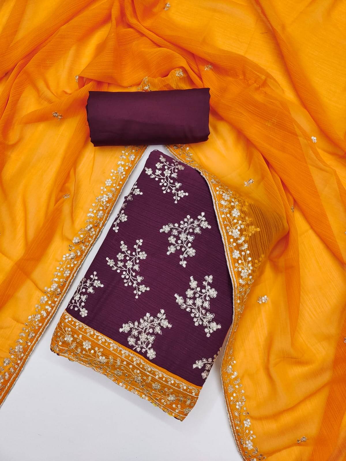 HL SILKMILLS Unstitched Georgette Embroidered Dress Material - Purple,Yellow ( Pack of 1 ) HL SILKMILLS Unstitched Georgette Embroidered Dress Material - Purple,Yellow ( Pack of 1 )
