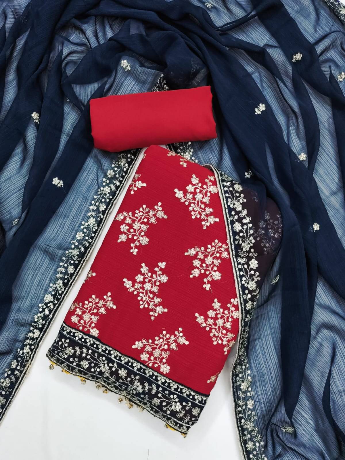 HL SILKMILLS Unstitched Georgette Embroidered Dress Material - Red,Blue ( Pack of 1 )     			HL SILKMILLS Unstitched Georgette Embroidered Dress Material - Red,Blue ( Pack of 1 )