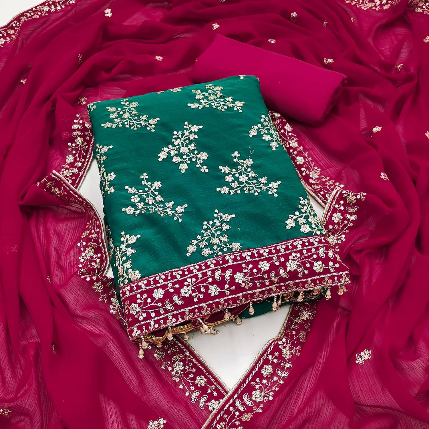 HL SILKMILLS Unstitched Georgette Embroidered Dress Material - Green,Pink ( Pack of 1 )     			HL SILKMILLS Unstitched Georgette Embroidered Dress Material - Green,Pink ( Pack of 1 )