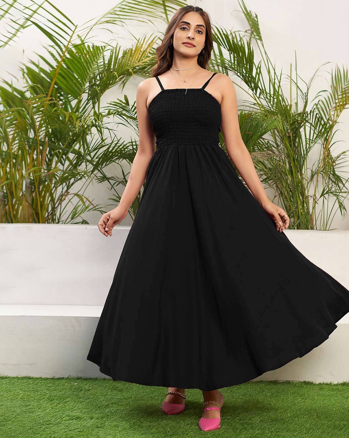 NAV DURGA FASHION Women Crepe Solid A-line Dress ( Black ) NAV DURGA FASHION Women Crepe Solid A-line Dress ( Black )