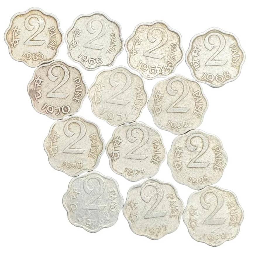     			Rare Two (2) Paise Different Years 13 Coins Set