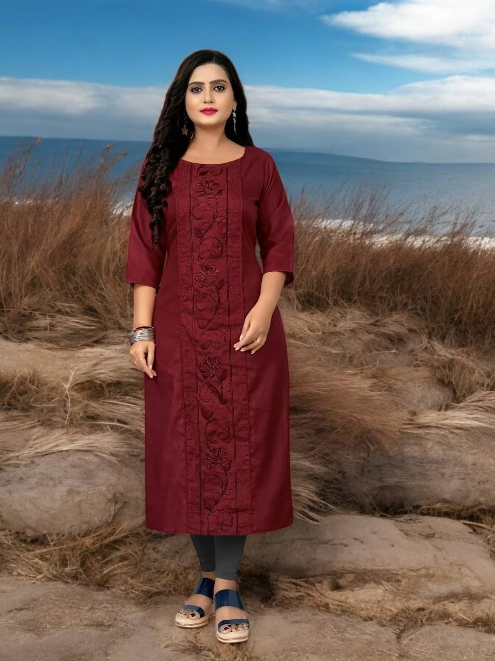 vinchic Pack of 1 Cotton Embroidered Anarkali Women's Kurti - ( Multicolor ) vinchic Pack of 1 Cotton Embroidered Anarkali Women's Kurti - ( Multicolor )