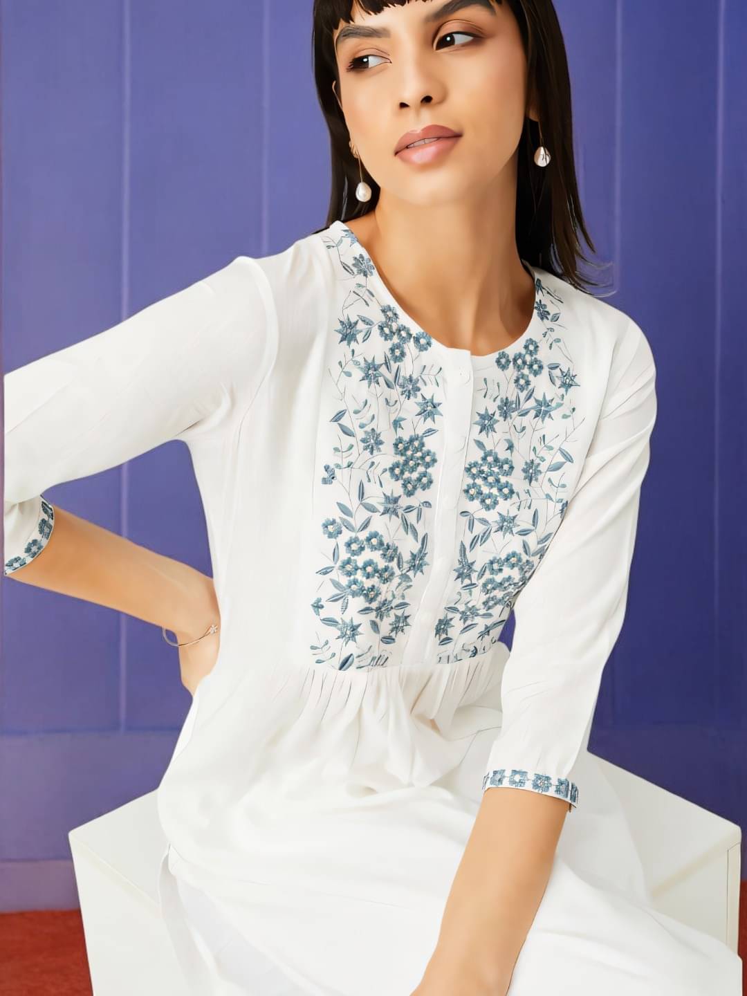 vinchic Pack of 1 Cotton Embroidered Anarkali Women's Kurti - ( Multicolor ) vinchic Pack of 1 Cotton Embroidered Anarkali Women's Kurti - ( Multicolor )