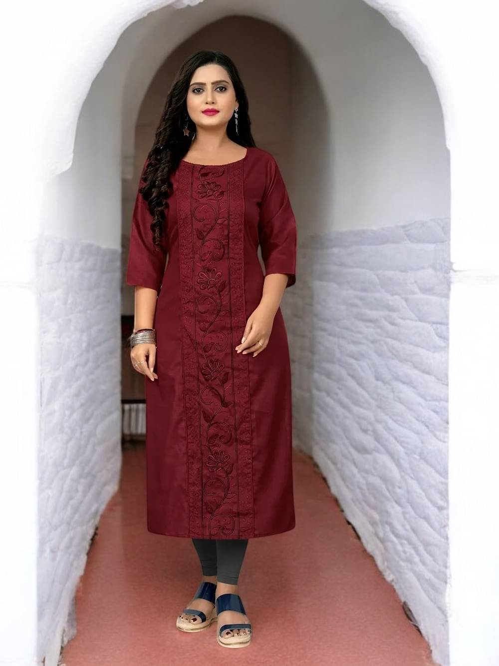 vinchic Pack of 1 Cotton Embroidered Anarkali Women's Kurti - ( Multicolor ) vinchic Pack of 1 Cotton Embroidered Anarkali Women's Kurti - ( Multicolor )