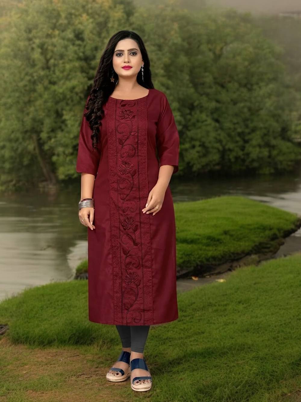 vinchic Pack of 1 Cotton Embroidered Anarkali Women's Kurti - ( Multicolor ) vinchic Pack of 1 Cotton Embroidered Anarkali Women's Kurti - ( Multicolor )