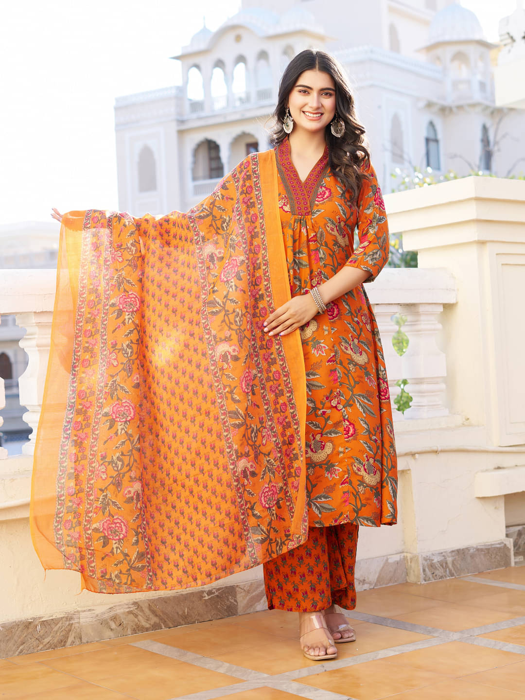 YAGNIK FASHION Rayon Printed Kurti With Palazzo Women's Stitched Salwar Suit - Orange ( Pack of 1 )     			YAGNIK FASHION Rayon Printed Kurti With Palazzo Women's Stitched Salwar Suit - Orange ( Pack of 1 )