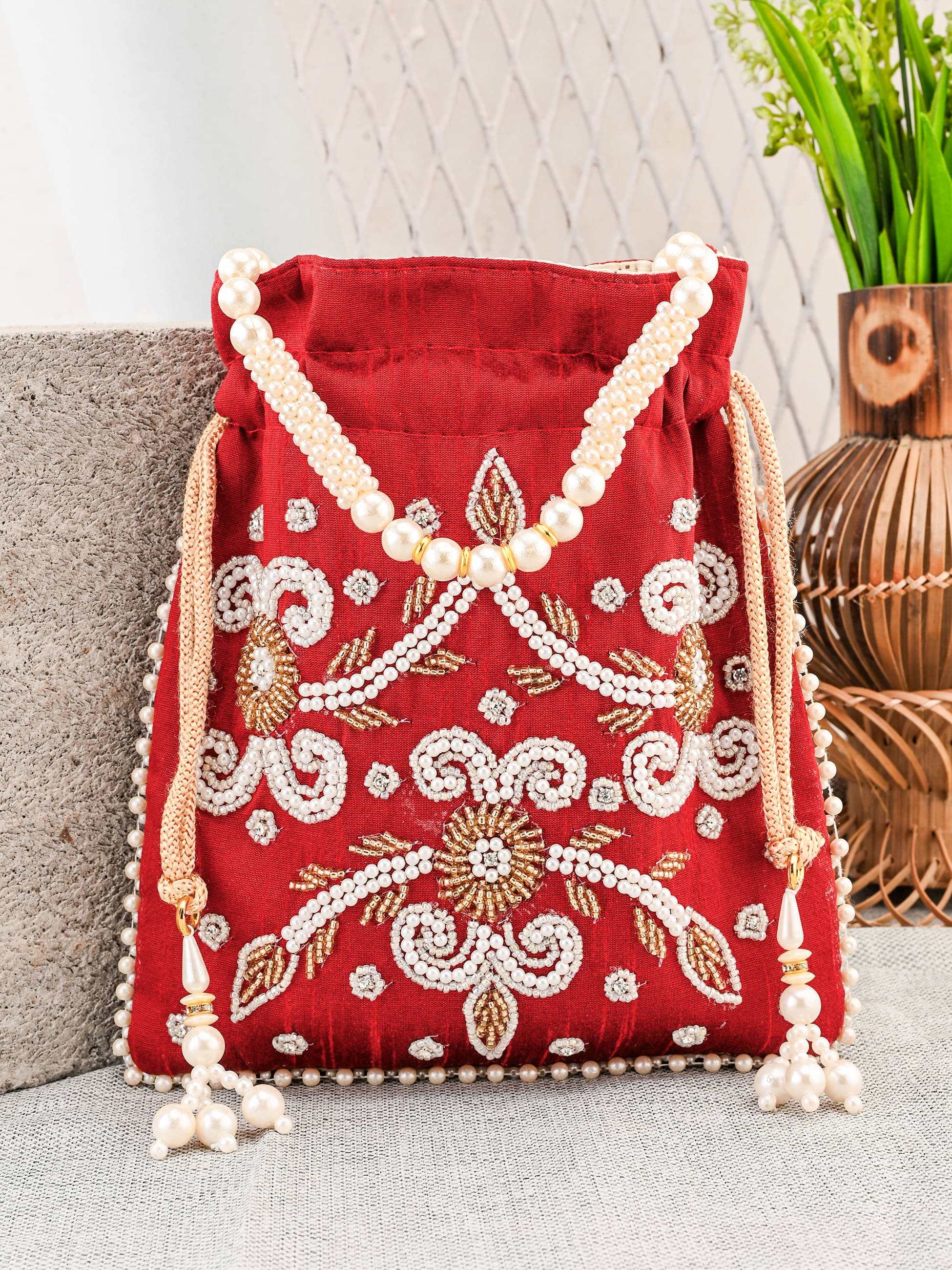     			Anjaneya Creations Handheld Bag Fabric Set of 1 ( Maroon )
