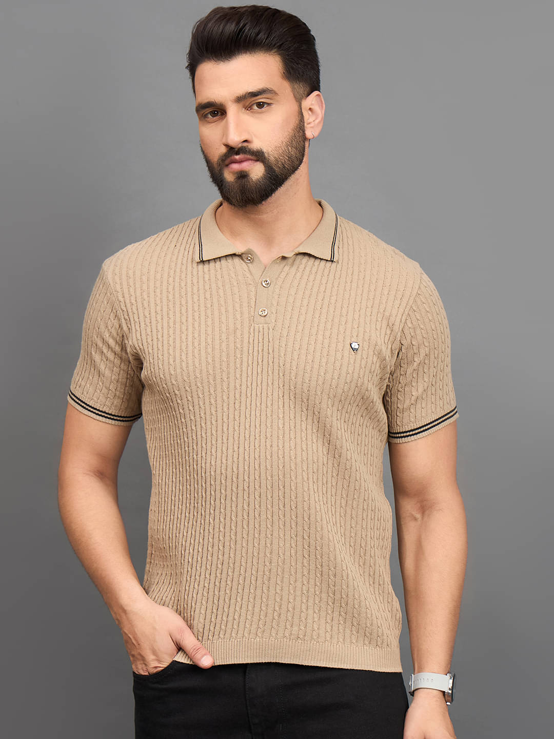 Clapton Pack of 1 Cotton Blend Regular Fit Self Design Half Sleeves Men's Polo T Shirt ( Beige ) Clapton Pack of 1 Cotton Blend Regular Fit Self Design Half Sleeves Men's Polo T Shirt ( Beige )