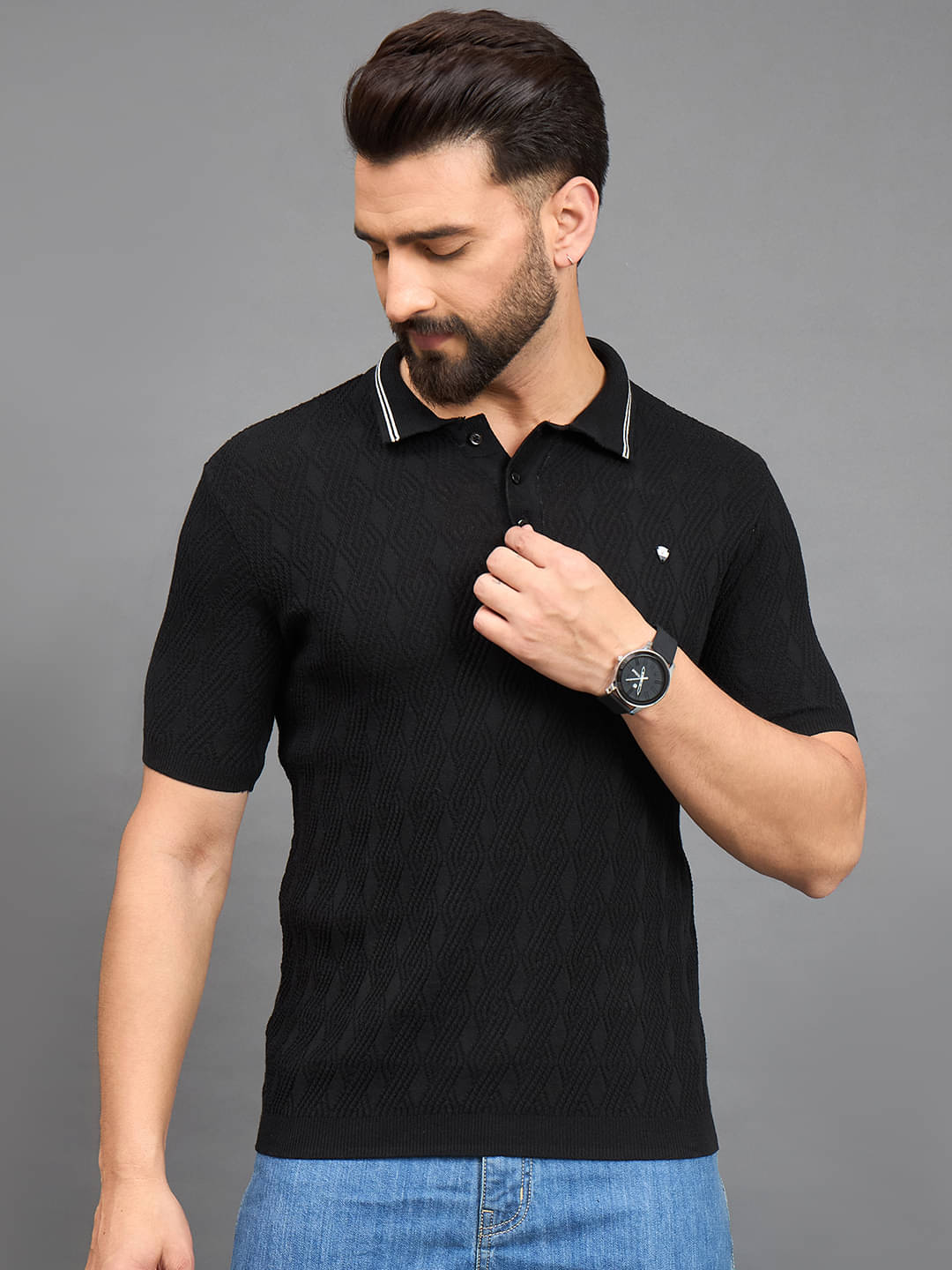 Clapton Cotton Blend Regular Fit Self Design Half Sleeves Men's Mandarin Collar T-Shirt - Black ( Pack of 1 ) Clapton Cotton Blend Regular Fit Self Design Half Sleeves Men's Mandarin Collar T-Shirt - Black ( Pack of 1 )