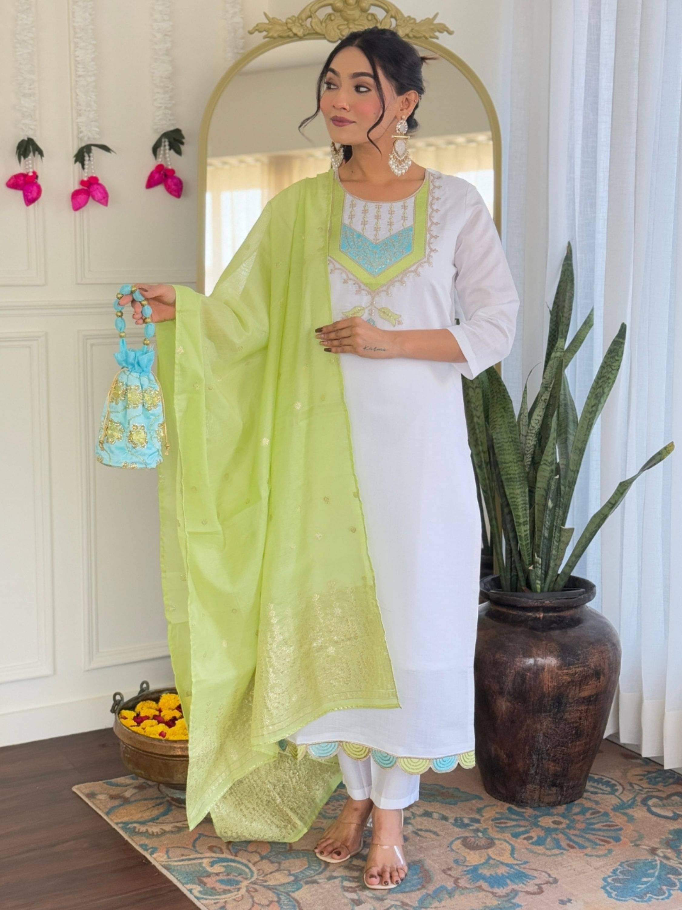 Eeloo Viscose Embellished Kurti With Pants Women's Stitched Salwar Suit - White ( Pack of 1 ) Eeloo Viscose Embellished Kurti With Pants Women's Stitched Salwar Suit - White ( Pack of 1 )