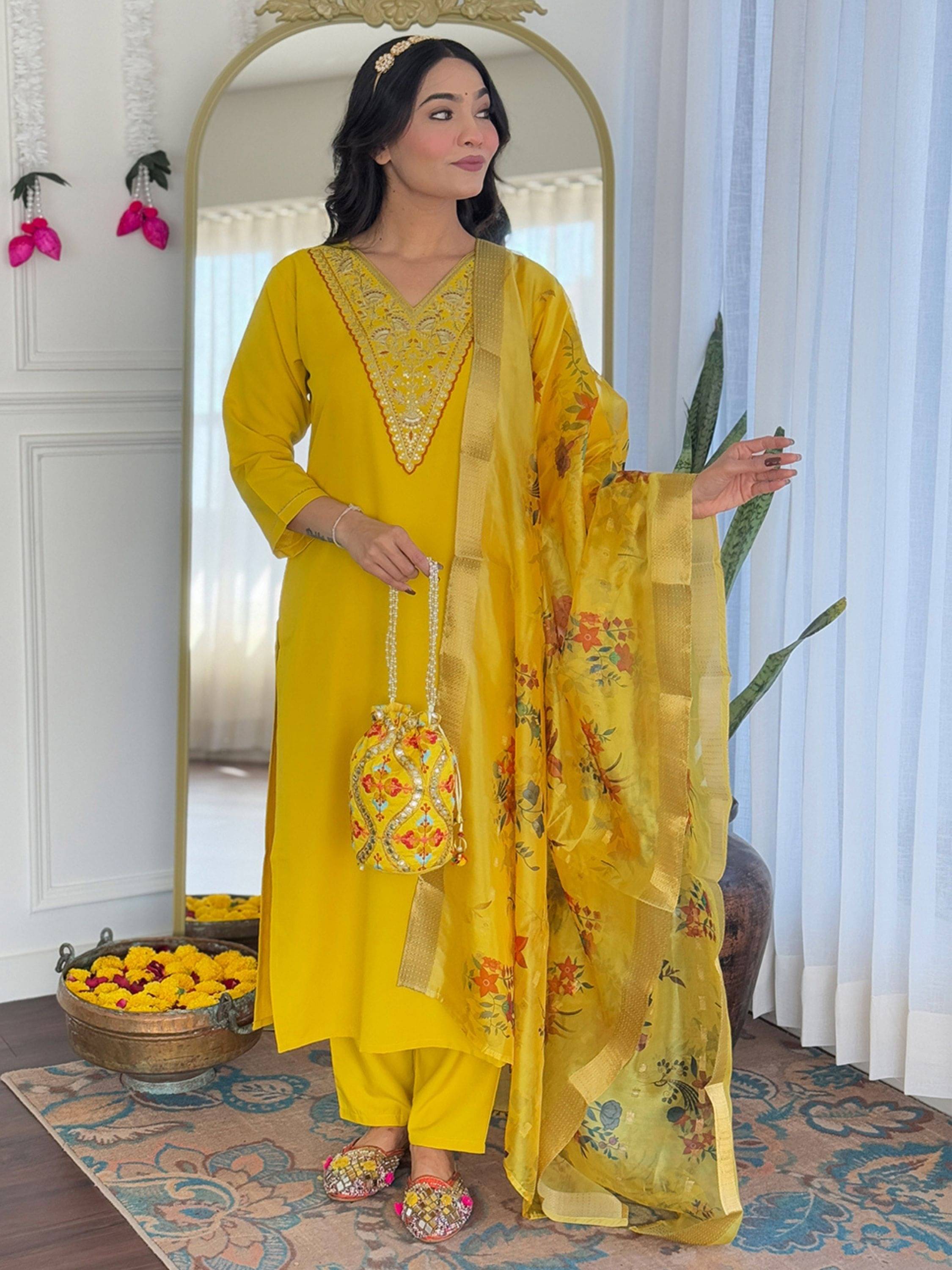 Eeloo Viscose Embellished Kurti With Pants Women's Stitched Salwar Suit - Yellow ( Pack of 1 ) Eeloo Viscose Embellished Kurti With Pants Women's Stitched Salwar Suit - Yellow ( Pack of 1 )
