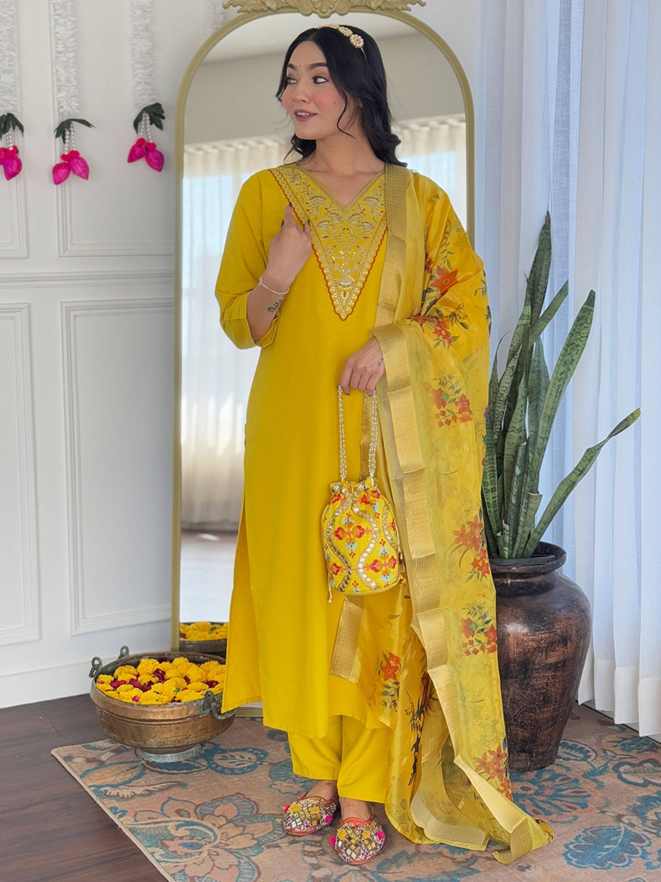     			Eeloo Viscose Embellished Kurti With Pants Women's Stitched Salwar Suit - Yellow ( Pack of 1 )