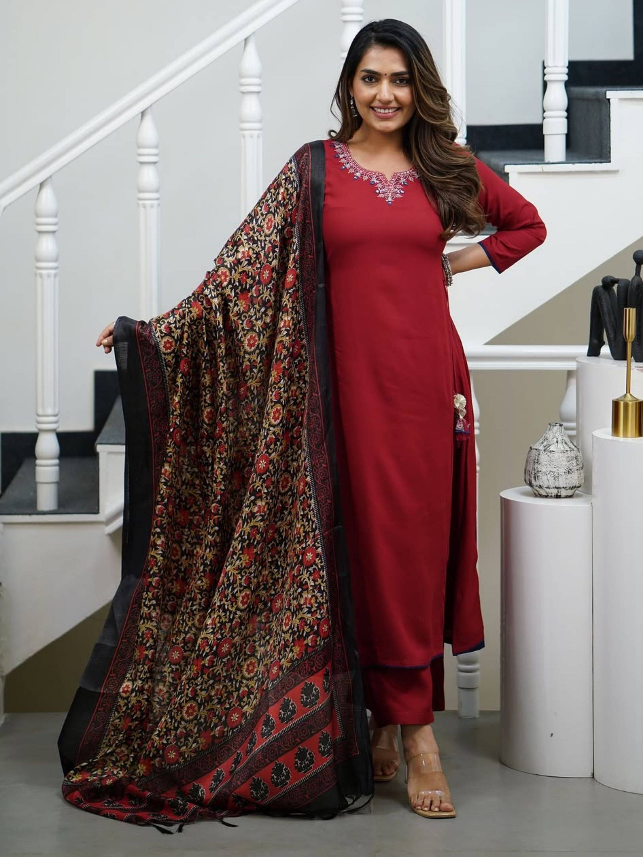 Eeloo Viscose Embroidered Kurti With Pants Women's Stitched Salwar Suit - Red ( Pack of 1 ) Eeloo Viscose Embroidered Kurti With Pants Women's Stitched Salwar Suit - Red ( Pack of 1 )