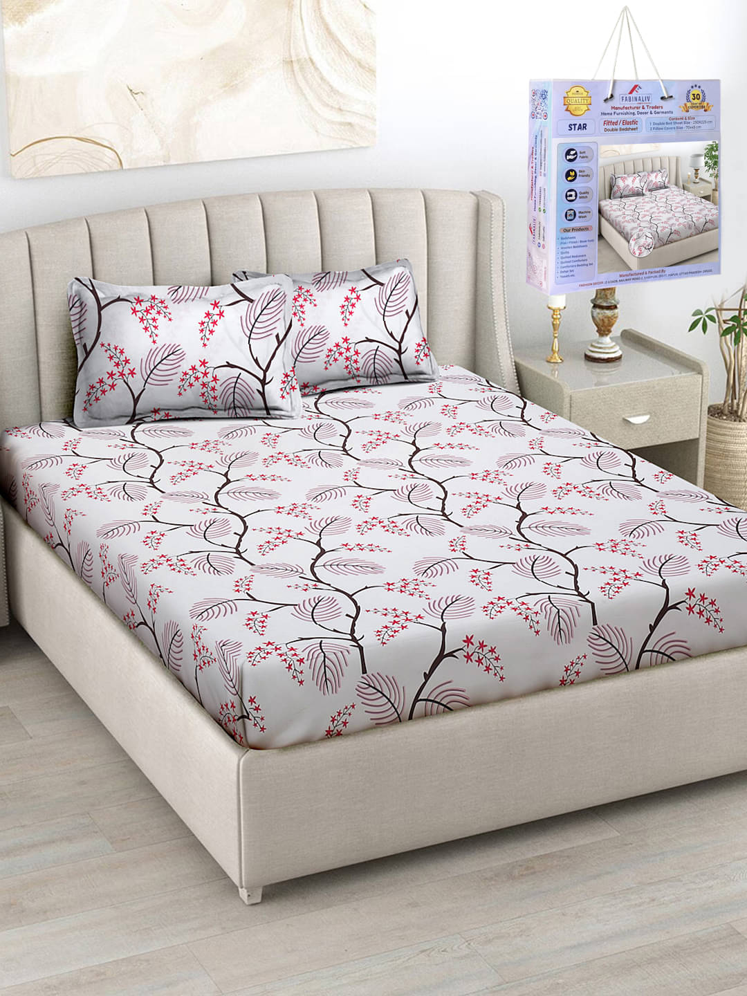 FABINALIV Poly Cotton Nature Fitted Fitted bedsheet with 2 Pillow Covers ( Double Bed ) - Red FABINALIV Poly Cotton Nature Fitted Fitted bedsheet with 2 Pillow Covers ( Double Bed ) - Red